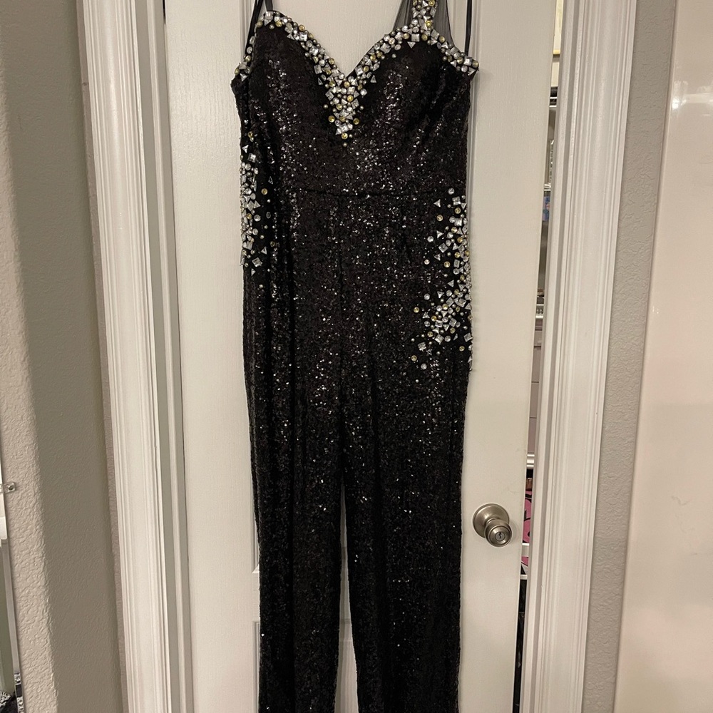 Glamorous Black and White Sequin Jumpsuit with Plunging Neckline